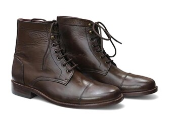 Hand-Stitched Dark Brown Leather Cap Toe Boots: Men's Formal Wear