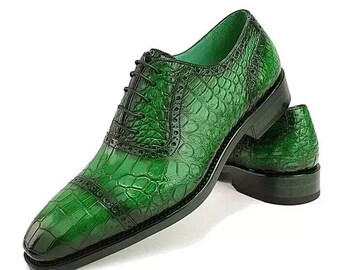 Genuine Handmade Mens Leather Shoes, Crocodile Pattern Lace-Up Formal Dress Shoe