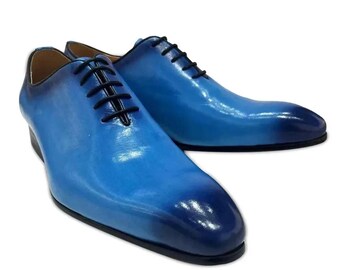 Handmade Men Blue Leather Stylish Lace Up Dress Shoes, Formal Party Wear Shoes