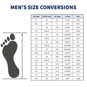 K&ouml;nnte beinhalten: Eine Tabelle mit der &Uuml;berschrift "HERREN GR&Ouml;SSEN UMWANDLUNGEN" mit einer Fu&szlig;silhouette und Ma&szlig;en. Die Tabelle wandelt US-, Euro- und UK-Schuhgr&ouml;&szlig;en in Zoll und Zentimeter um. Zum Beispiel ist US-Gr&ouml;&szlig;e 6 eine Euro-Gr&ouml;&szlig;e 39, UK 5,5, 23,5 cm.