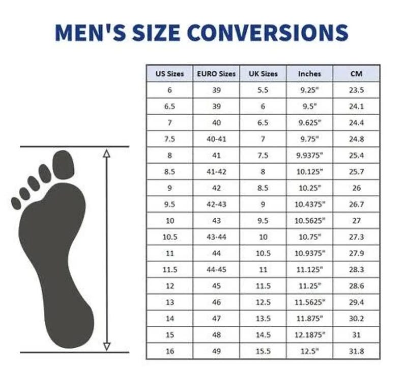 K&ouml;nnte beinhalten: Eine Tabelle mit der &Uuml;berschrift "HERREN GR&Ouml;SSEN UMWANDLUNGEN" mit einer Fu&szlig;silhouette und Ma&szlig;en. Die Tabelle wandelt US-, Euro- und UK-Schuhgr&ouml;&szlig;en in Zoll und Zentimeter um. Zum Beispiel ist US-Gr&ouml;&szlig;e 6 eine Euro-Gr&ouml;&szlig;e 39, UK 5,5, 23,5 cm.