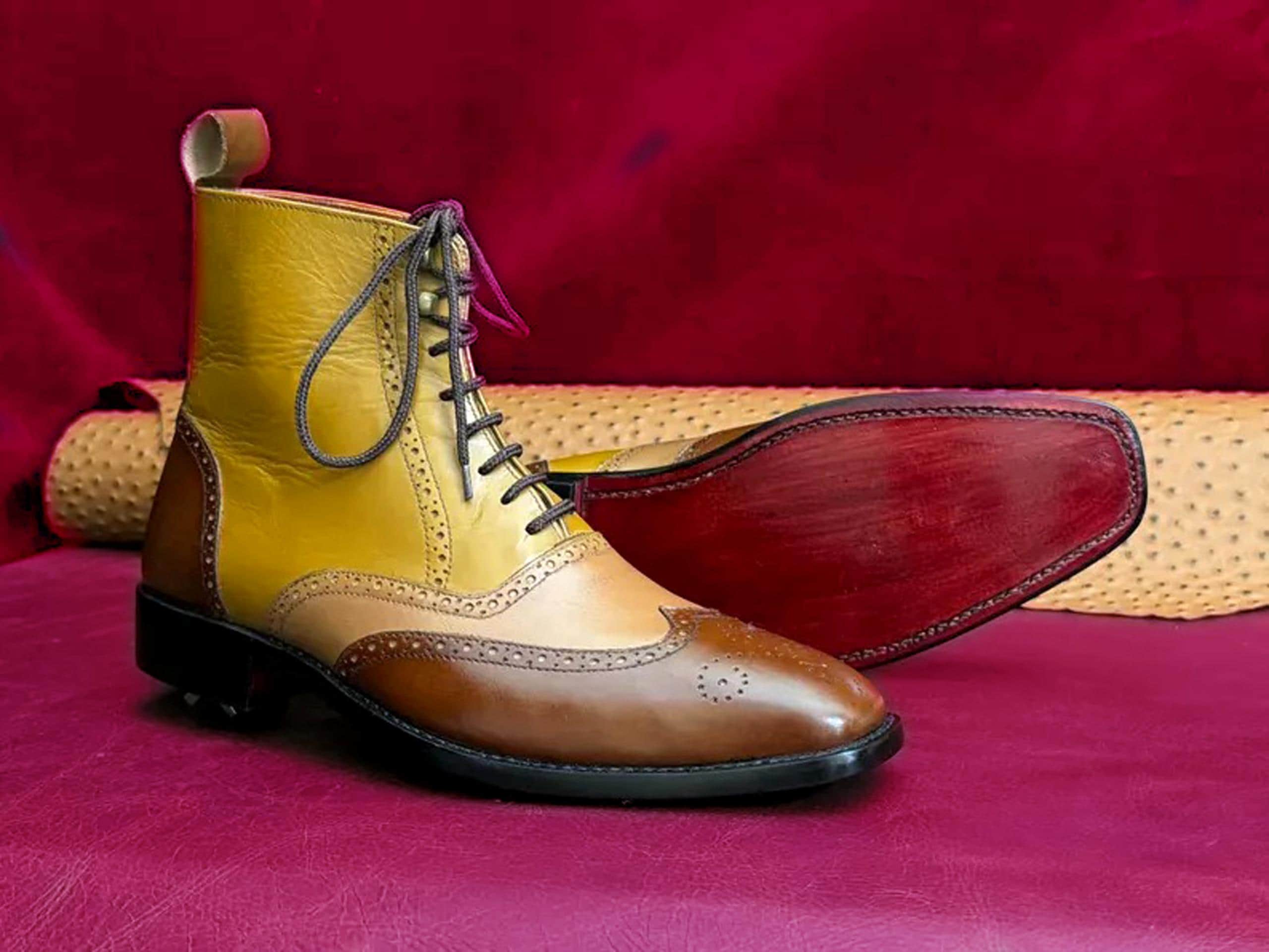 NEW Mens Ankle Boots Two Tone Brogue Dress Shoes Handmade Two Tone Leather Wingtip Boots: Green & Beige Suede  main image 2