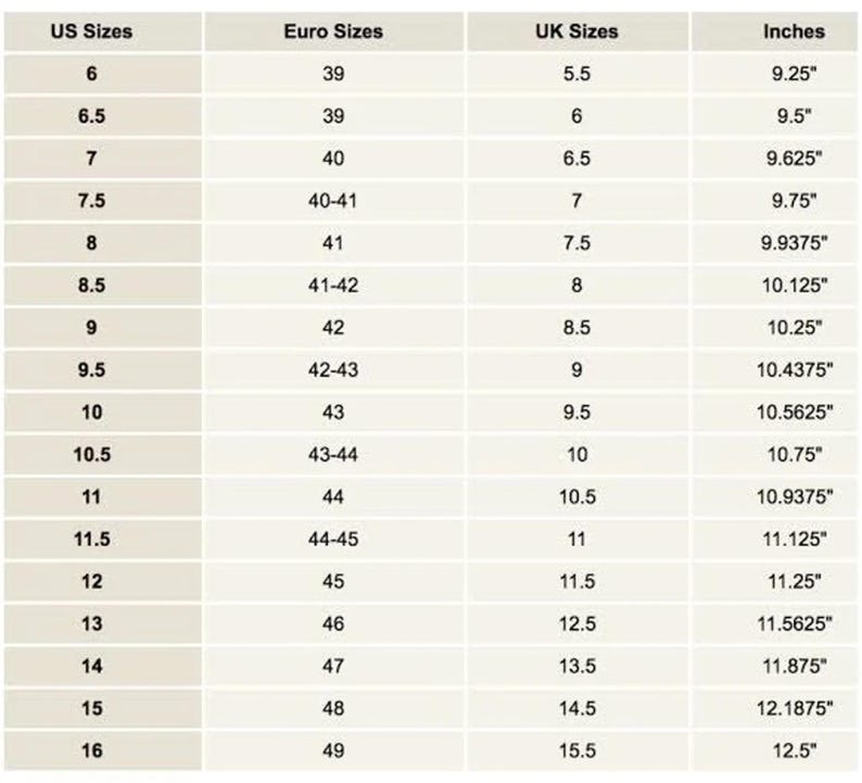 May include: A chart comparing US, Euro, UK, and inch shoe sizes. The chart shows the corresponding sizes for men's shoes from size 6 to 16.