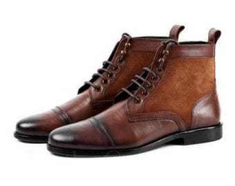 Handmade Brown Leather & Suede Ankle Boots: Cap Toe Lace-Up