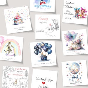 May include: A collection of various birthday cards with watercolor illustrations. Designs include cakes, balloons, Winnie the Pooh, cats, and butterflies. Text on the cards includes "Happy Birthday," "Mummy," and personalized messages for loved ones.