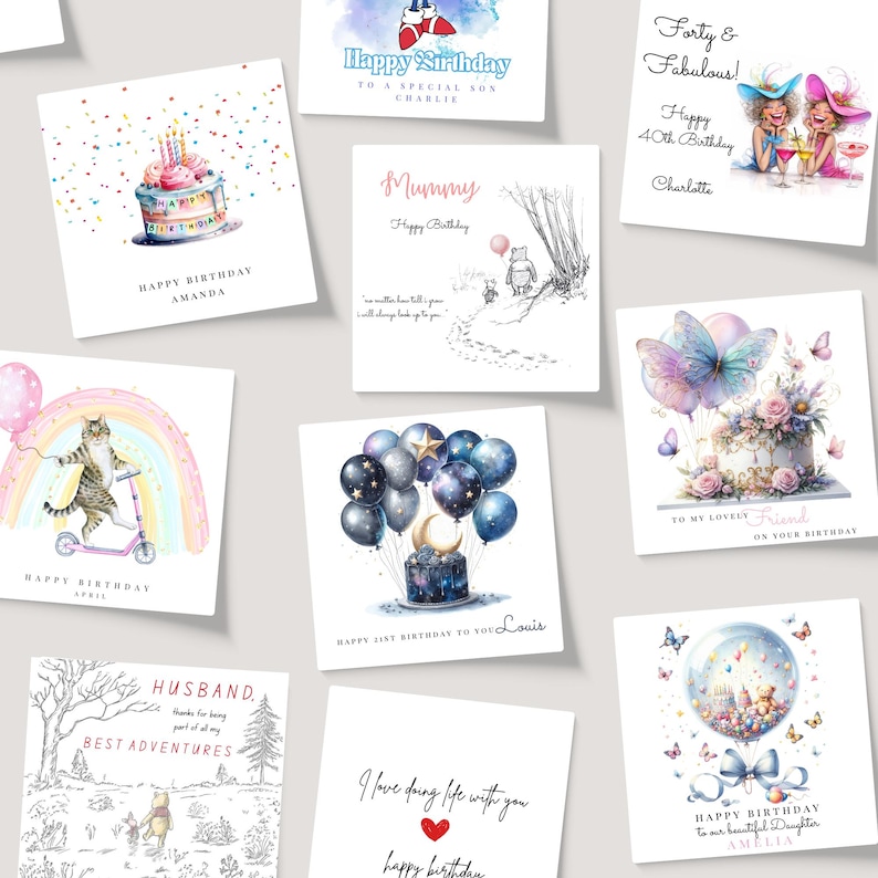 May include: A collection of various birthday cards with watercolor illustrations. Designs include cakes, balloons, Winnie the Pooh, cats, and butterflies. Text on the cards includes "Happy Birthday," "Mummy," and personalized messages for loved ones.