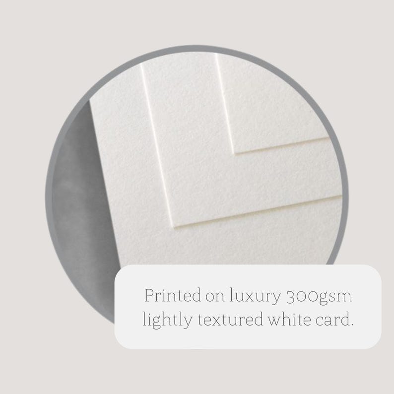 May include: Close-up of white, lightly textured cardstock. The text reads: "Printed on luxury 300gsm lightly textured white card."