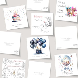 May include: A collection of square greeting cards with various designs. Some cards feature birthday cakes, balloons, and illustrations. Text includes "Happy Birthday," names, and "Forty & Fabulous!" The cards are from "Willow & Palm."