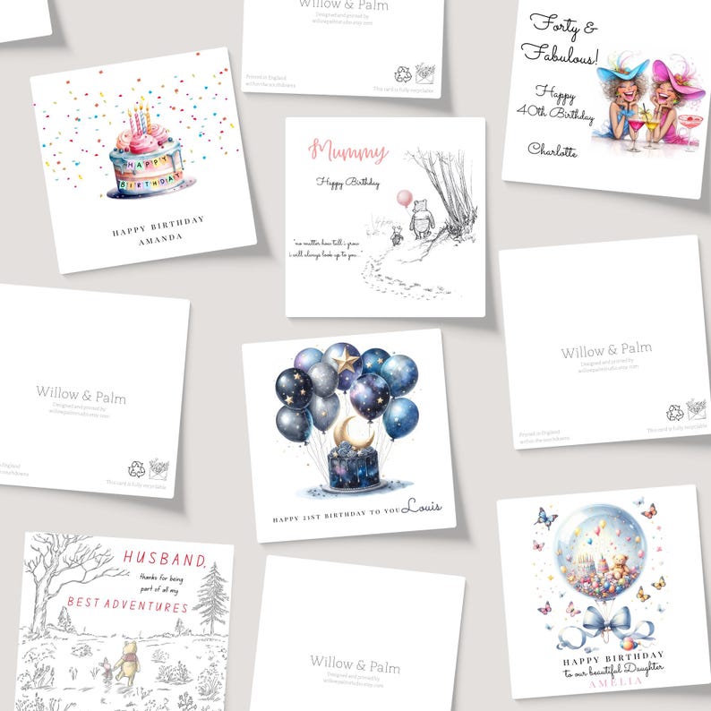 May include: A collection of square greeting cards with various designs. Some cards feature birthday cakes, balloons, and illustrations. Text includes "Happy Birthday," names, and "Forty & Fabulous!" The cards are from "Willow & Palm."