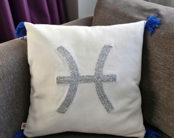 Embroidered Pisces Zodiac Throw Pillow: Astrological Sign Cushion Cover