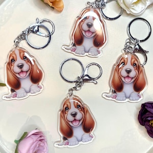 Basset Hound , Dog Breed Keychain, Acrylic keyring, Christmas Gift Idea, Cartoon kawaii Art Puppy, Pet Lover Accessory, Car Keyring