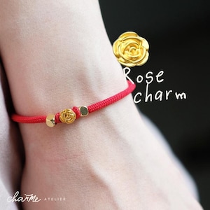 Rose Charm 24k 9999 Pure Gold Lucky Charm, Rose String Adjustable Bracelet, 0.15-0.2 g  gold 3D 24k Hongkong Gold Charm Bracelet