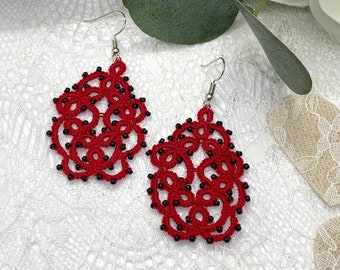 Red and Black Lace Earrings - Red Lace with Black Beads Handmade Earrings - Boho Earrings