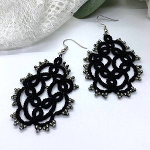 Black Lace Earrings - Black Beaded Lace Earrings - Prom Formal Earrings