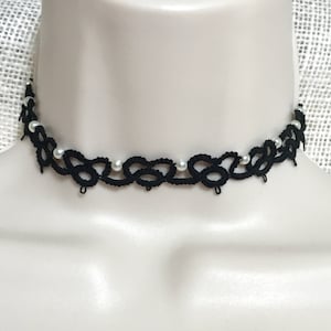 Black Lace Hearts Choker with Pearl Beads - Handmade Tatted Lace Choker - Victorian Choker