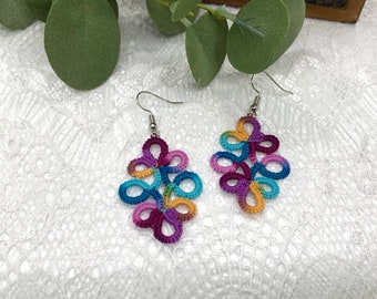 Jewel Tones Lace Earrings, Handmade Lace Earrings, Tatted Earrings, Multicolored Earrings