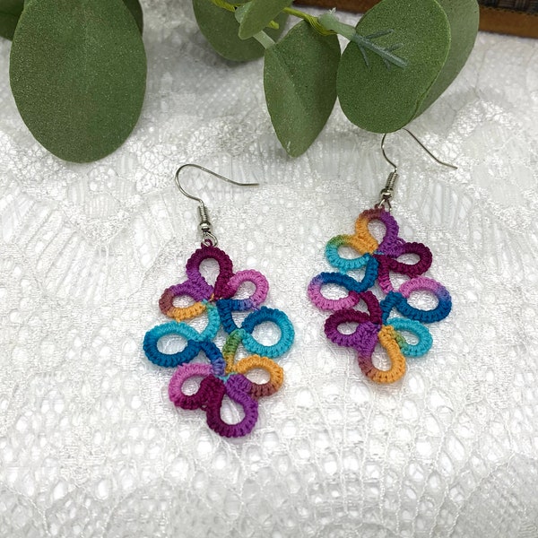 Jewel Tones Lace Earrings, Handmade Lace Earrings, Tatted Earrings, Multicolored Earrings