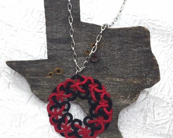 Black/Red Tatted Lace Pendant - Red/Black Pendant on Silver Metal Chain -Handmade Lace Pendant