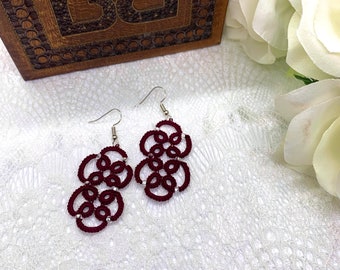 Burgundy Lace Earrings - Handmade Tatted Lace Earrings - Beautiful Winter Accessory