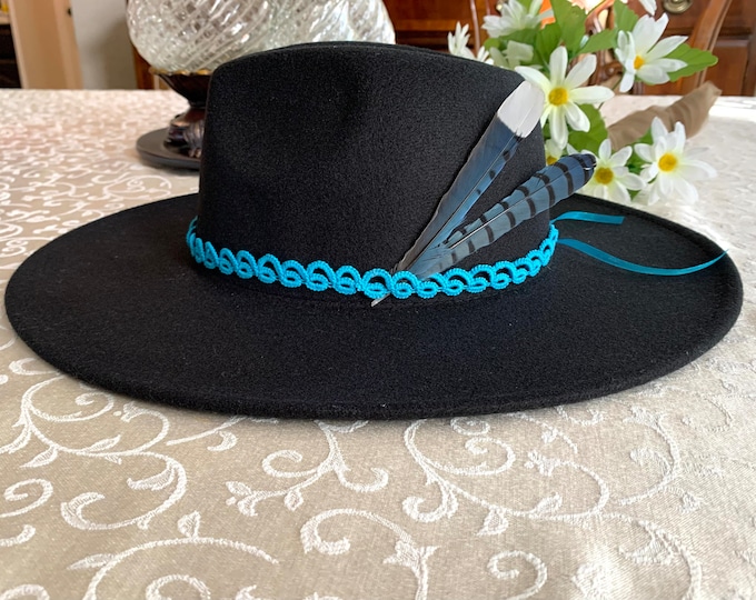 Black Gold Feather & Turquoise Slab Hat Band + Choice of Hat 986b