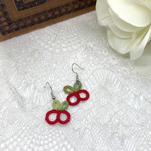 Tomato Earrings, Tatted Cherry Jewelry, Red Fruit Earrings
