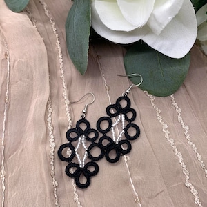 Black Lace Earrings - Tuxedo Earrings - Beaded Handmade Lace Earrings