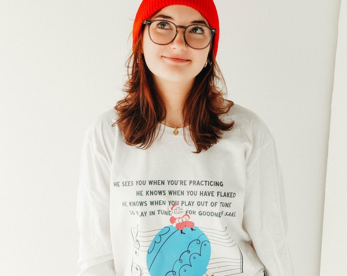 Featured listing image: Play In Tune Santa Christmas Long Sleeve Tshirt for Musicians and Concert Band