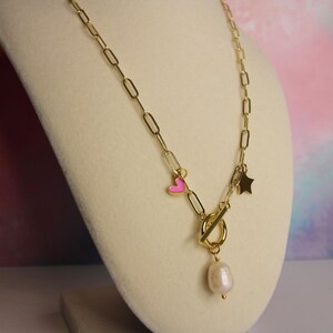 Gold Charm Necklace with Pearl Heart and Star | Pink Heart Necklace | Gift for Her