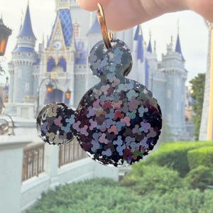 Mouse Head Keychain with Black Holographic Glitter, Gold Keyring