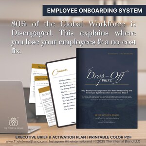 Könnte beinhalten: Ein Bild mit einem Buch mit dem Titel "The Drop-Off Point" mit dem Text "Why Employee Engagement Dies After Onboarding and the Simple System Leaders Can Use to Stop It." Enthält auch einen Laptop und Dokumente mit dem Text "Employee Onboarding System."