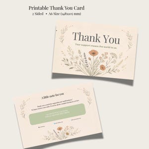 Op de afbeelding: Een dubbelzijdige printbare bedankkaart in A6-formaat, 148x105 mm. De voorzijde bevat de tekst Thank You, Your support means the world to us, en bloemillustraties. De achterzijde bevat A little note for you en een groen kortingsvak.