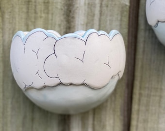 Porcelain wall pocket with inlaid clouds and blue glazed sky, for plants, keys, mail