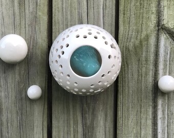 Aqua and white ceramic wall sculpture, abstract bubble wall or table top art