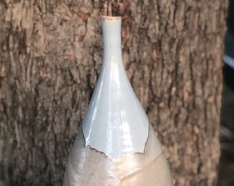 Stoneware bottle with light blue and tan glazes and real 22k overglaze