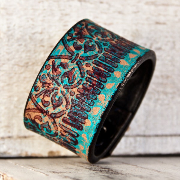 Turquoise Jewelry Cuff Bracelet Hand Painted Stencils