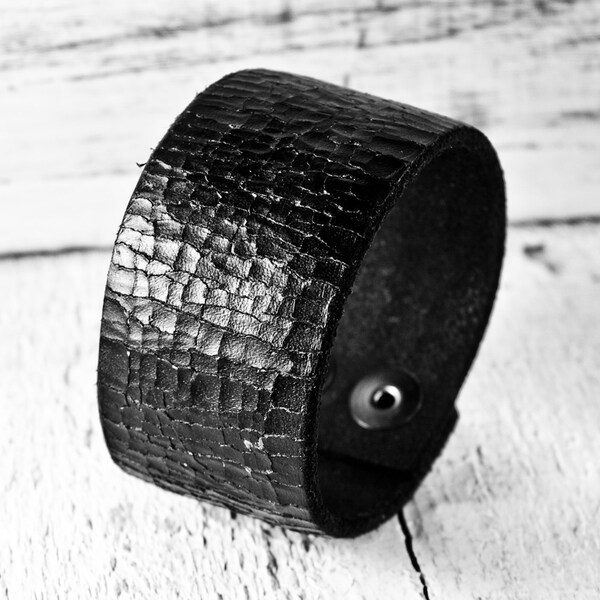 Black Leather Wrist Cuff Bracelet