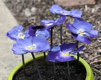 Pansy artificial metal flowers restore life to empty pots - 7 bright colorful blooms no watering - multiple base sizes from 4" up to 14"