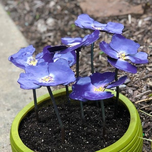 Pansy artificial metal flowers restore life to empty pots - 7 bright colorful blooms no watering - multiple base sizes from 4" up to 14"