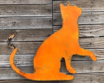 tabby cat wall hanging metal sculpture free shipping - orange cat home decor - privacy fence cat art - handmade only tabby cat - halloween