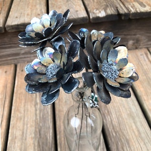 zinnia metal flower stake set of 4, rustic industrial handmade appearance, unique zinnias for vase, artificial handcrafted metal zinnias