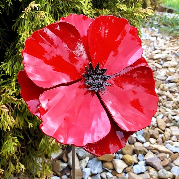 Poppy metal flower garden stake handmade - 22 inches tall 6 inches wide - Artificial flower stake - Strong metal yard art - Blooming red