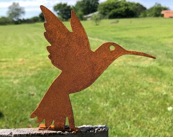 Rusted hummingbird handmade metal silhouette - rustic outdoor patio decor - driveway bird marker -  mailbox topper - made in Arkansas