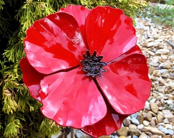 Handmade Metal Poppy Flower Garden Stake - Red Blooming Yard Art