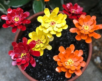 Zinnia artificial metal flowers restore life to empty pots - 8 bright colorful blooms no watering - multiple base sizes from 4" up to 14"