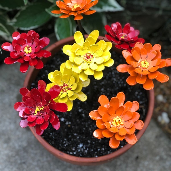 Zinnia artificial metal flowers restore life to empty pots - 8 bright colorful blooms no watering - multiple base sizes from 4" up to 14"