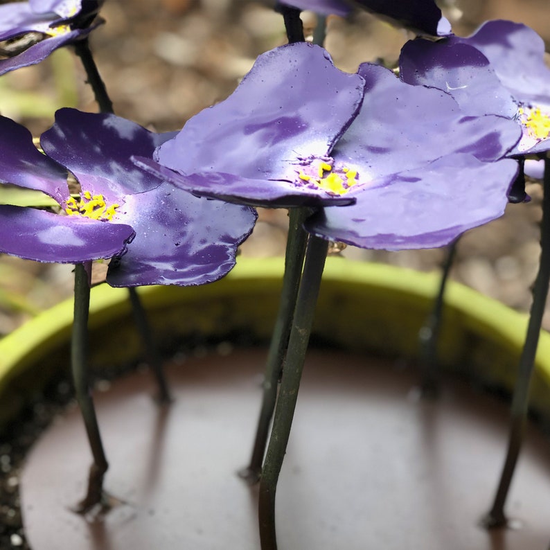 Pansy artificial metal flowers restore life to empty pots 7 bright colorful blooms no watering multiple base sizes from 4 up to 14 image 6