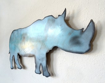 wall hanging solid metal rhino - handmade unique rhinoceros sculpture for home - made in Arkansas - free shipping - sturdy rustic blue white