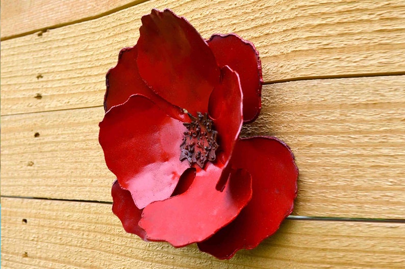 poppy handmade red metal outdoor flower stake, 22 inches tall 6 inches wide, no assembly required ready to plant flowers, drought resistant wall hanging