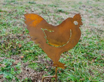 Metal chicken yard stake - Outdoor metal rooster stake - Hen flowerbed garden stake - Outdoor living rooster art - Rooster silhouette stake