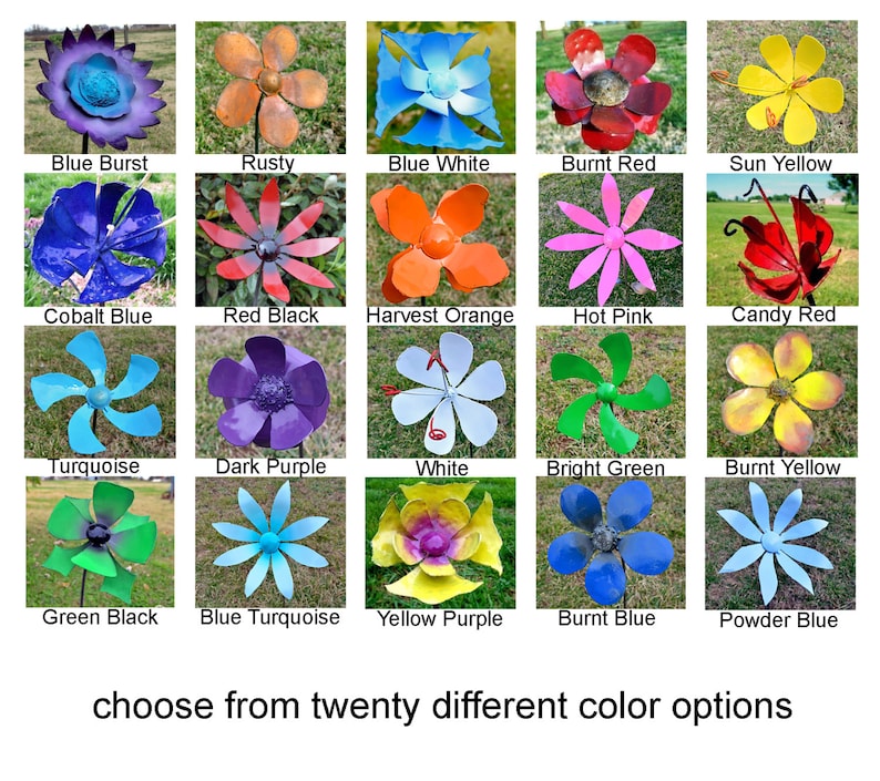 Puede incluir: Veinte opciones de color diferentes para un molinillo de viento de metal con forma de flor. El molinillo de viento tiene la forma de una flor con cinco p&eacute;talos. Los colores incluyen azul intenso, oxidado, azul blanco, rojo quemado, amarillo sol, azul cobalto, rojo negro, naranja cosecha, rosa intenso, rojo caramelo, turquesa, morado oscuro, blanco, verde brillante, amarillo quemado, negro verde, turquesa azul, morado amarillo, azul quemado y azul polvo.